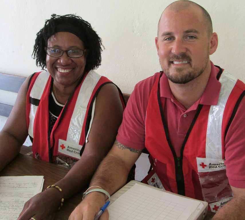 Mass Care coordinator Marguerite Burke and Disaster Service specialist Robert Sofaly make a Red Cross site visit to Emmaus Moravian Church on St. John.
