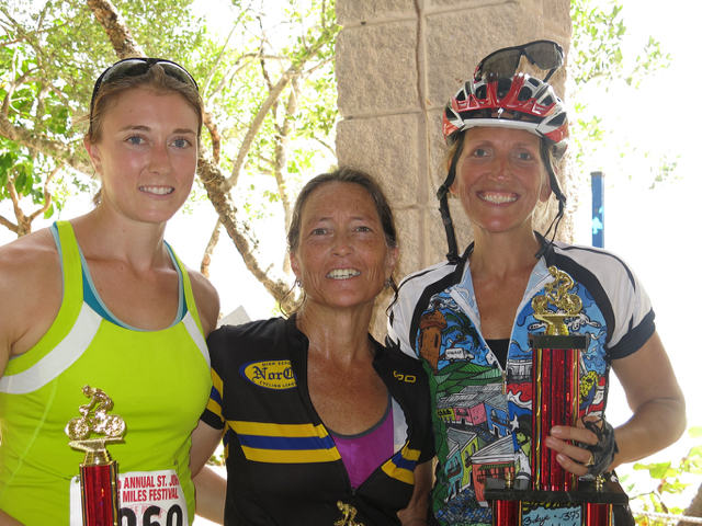 The top female finishers in Saturday's race were, from left, Mary Vargo, second place; Stephanie Guyer-Stevens, third; and Janelle Zachman, first.