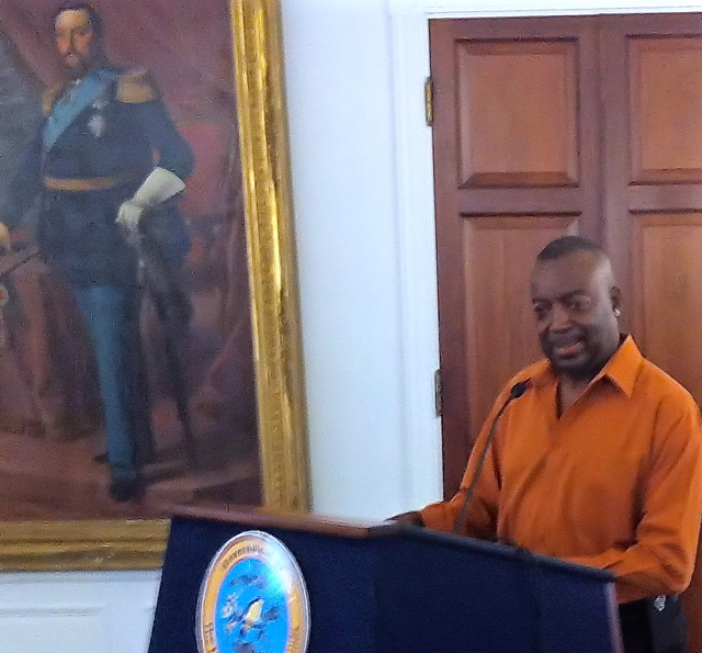 Acting Gov. Osbert Potter talks to the news media Saturday at Government House about the tide of violence washing over St. Croix.