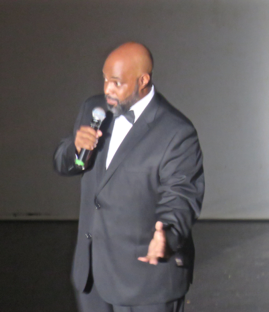 An emotional Ed Labored addresses the Reichhold audience at the premiere of his movie, 'Timeless.'