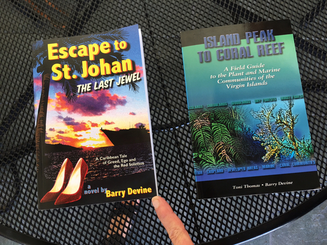 Devine's new comic novel, 'Escape to St. Johan,' joins his field book, Island Peak to Coral Reef.'