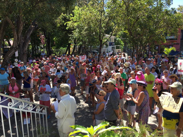 A crowd estimated at 200 rallied at Cruz Bay Park.