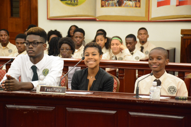 From left,  Irvin Mason Jr.; Khalese Potter and Jair Smith testify at Wednesday's Rules and Judiciary Committee hearing. (Barry Leerdam photo; provided by the V.I. Legislature)