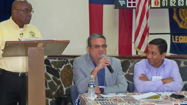 Sen. Justin Harrigan, left, Antonio Sanchez and Eric Bermudez speak at the town hall meeting for veterans.