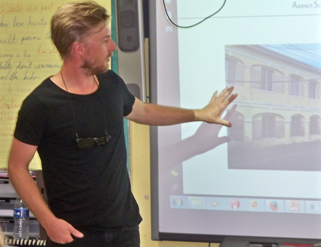 Simon Sjogaard talks about the restoration of the old Danish Army Barracks Monday at Good Hope Country Day School.