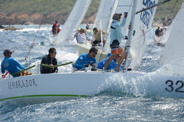 The crew of Sembrador battle for position in wild, windy racing Saturday. (Photo by Dean Barnes, provided by STIR)