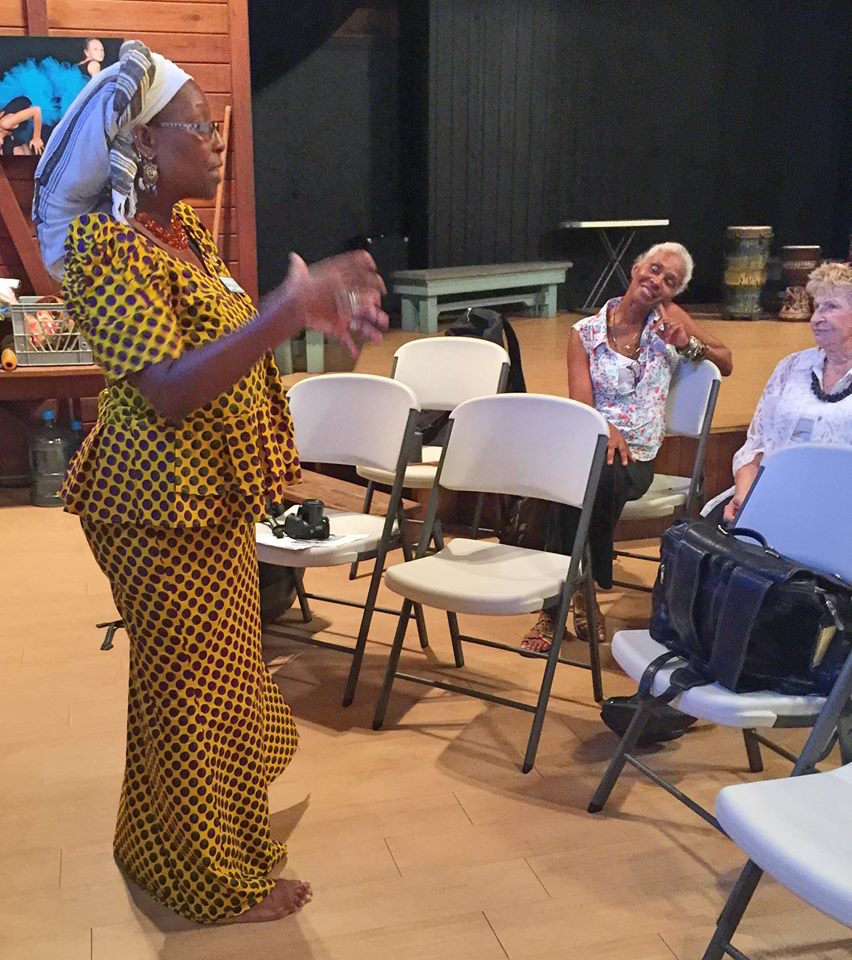 Dr. Chenzira Davis-Kahina speaks at the St. John School of the Arts about contemporary connections to the territory and region&rsquo;s indigenous cultures (photo courtesy of V.I. Centennial Commission)