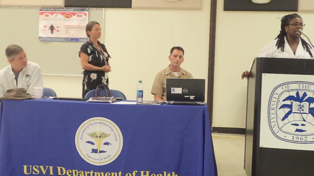 From left, Dr. Dan Markowski, Dr. Esther Ellis, Dr. Aaron Harris and Dr. Olivine Treasure talk about Zika Tuesday night at the University of the Virgin Islands St Croix campus.