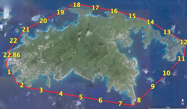 Map shows the route of Jeff Miller's swim around St. John, with the numbers marking approximate miles. (Image fvrom Google earth)