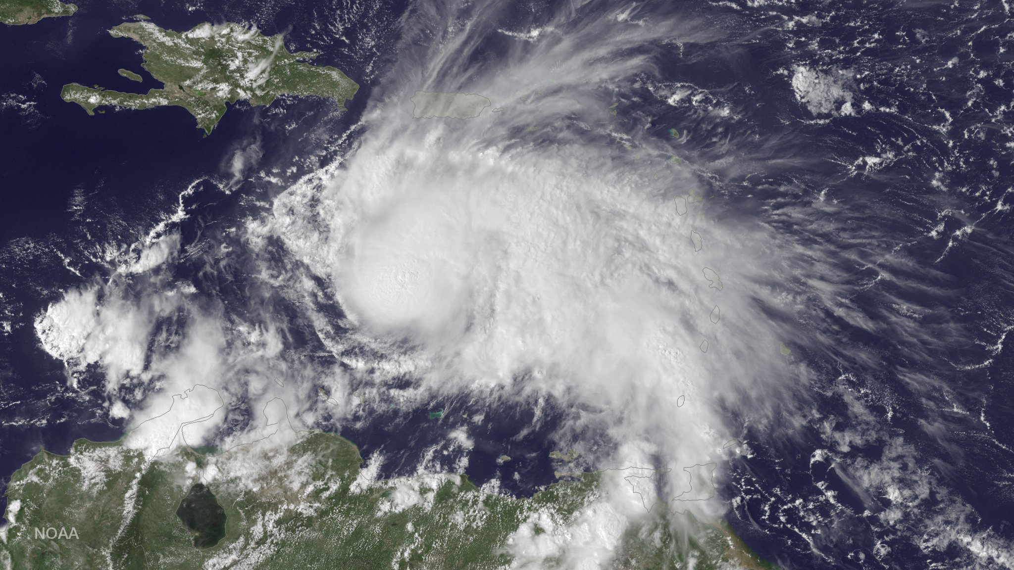 Hurricane Matthew straddles the Caribbean in this satellite photo taken Thursday. (NOAA photo)