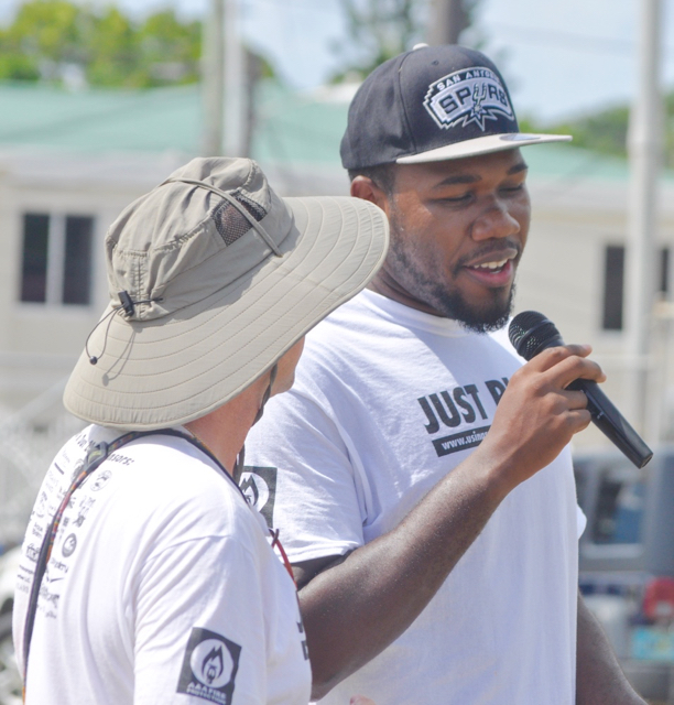 Using Sport for Social Change founder Don Doeling and V.I. Olympic Boxer Clayton Laurent Jr. at Monday&rsquo;s Just Play event.