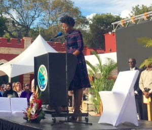 DPNR commissioner Dawn Henry thanks her staff for their efforts to complete the project as she addresses attendees at the reopening of Fort Christian.