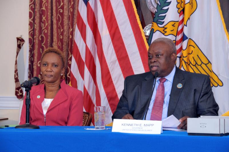 Gov. Kenneth Mapp and Human Services Commissioner Felecia Blyden at Friday's press conference
