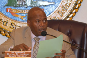 Senate President Myron Jackson chairs Wednesday's legislative session. (Photo by Barry Leerdam, provided by the V.I. Legislature)