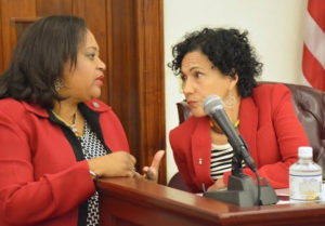 Sens. Janette Millin Young and Nereida Rivera-O'Reilly at Wednesday's session (photo by Barry Leerdam courtesy of the V.I. Legislature)