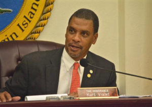 Kurt Vialet chairs the Finance Committee hearing Thursday. (Photo by Barry Leerdam, provided by the V.I. Legislature)