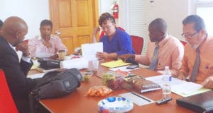 Waste Management Agency board meeting participants included, from left, Roger Merritt, Jr., executive director, Harith Wickrema, LaToya Williams, Clifford Joseph and Norbert Rosado.