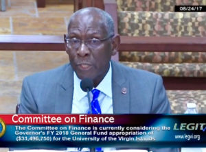 UVI President David Hall testifies about the university's budget during a Senate Committee hearing Thursday. (Image provided by the V.I. Legislature)