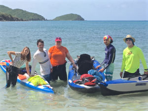 The team gets ready to kayak out to the remote parts of a Hurricane Hole. From left, Shelby Massucci, Matt Carrigan, Kristen Whalen, Dylan Vega, Jerry Johnston. (Amy Roberts photo)