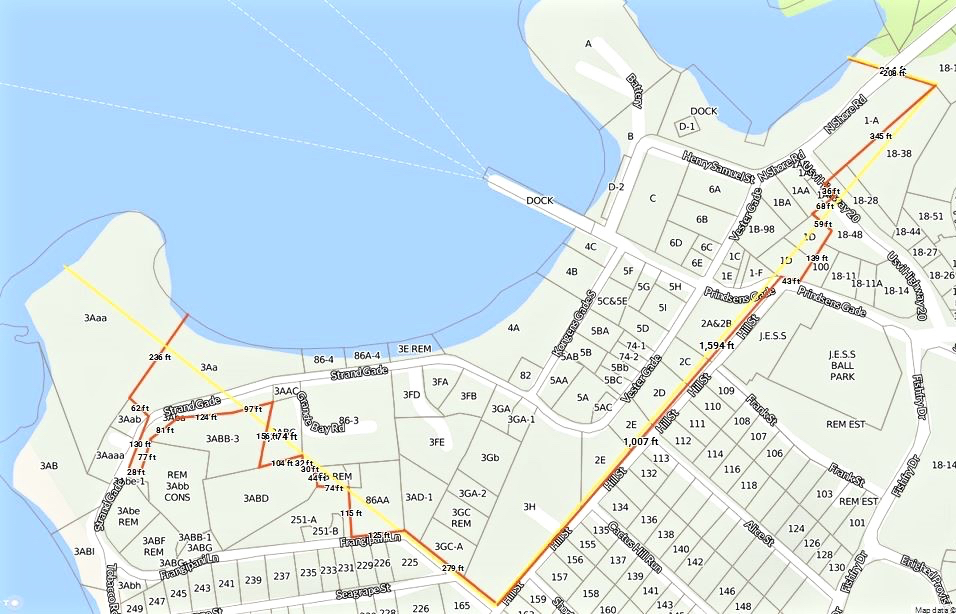 Yellow line shows the original boundaries of Cruz Bay; the red line shows boundaries of designated Cruz Bay Town Historic District.