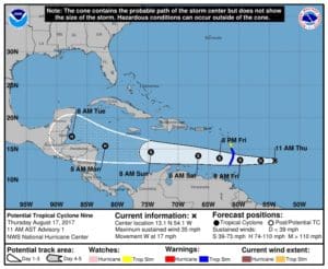 The five-day storm path as forecast by the National Oceanic and Atmospheric Administration. (Click on image for larger view.)