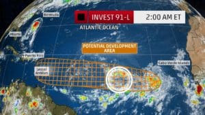 Map from the Weather Channel shows projected path of Invest 91-L. (Click on image for larger view.)