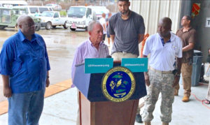 Former New York Mayor Michael Bloomberg addresses hurricane recovery. With him, from left, are Gov. Kenneth Mapp, St Croix native and NBA star Tim Duncan, and Lt. Gov. Osbert Potter.