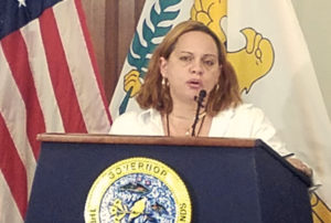 Labor Commissioner Catherine A. Hendry speaks at Government House Monday. (Jamie Leonard photo)