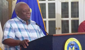 Gov. Kenneth Mapp updates the territory's hurricane recovery Monday at a Government House news conference. (Jamie Leonard photo)
