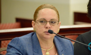 Labor Commissioner Catherine Hendry testifying before the Legislature in April. (V.I. Legislature photo by Barry Leerdam)