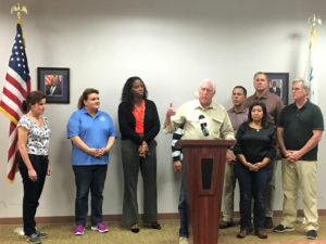 House Democratic Whip Steny Hoyer shares insights from his tour of the hurricane damage on St. Croix, surrounded by, from left, Elaine Duke Jenniffer Gonzalez, Stacey Plaskett, Anthony Brown, Norma Torres, Jeff Denham and House Majority Leader Kevin McCarthy.