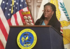 Commissioner of Health Michelle Davis speaks Saturday at Gov. Kenneth Mapp's daily news update. (Jamie Leonard photo)