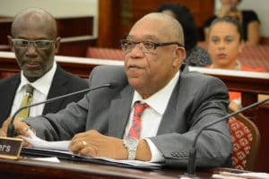 Schneider CEO Dr. Bernard Wheatley testifies at a February Senate hearing. (V.I. Legislature photo by Barry Leerdam)