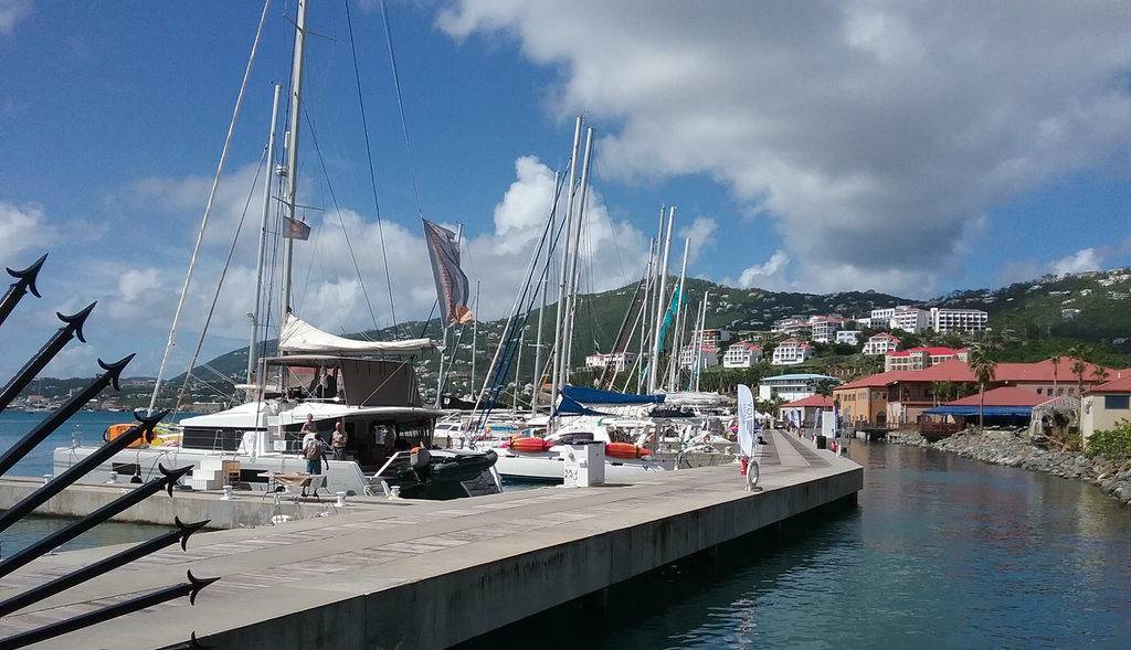 Luxury boats line the pier at the Charter Yacht Show in Charlotte Amalie.