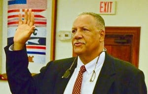 Kent Bernier Sr. is sworn in for testimony at his nomination hearing in August. (Barry Leerdam photo for the V.I. Legislature)