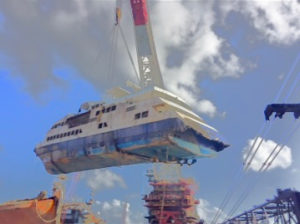 Resolve Marine uses a 500-ton crane to lift a Puerto Rican ferry. (Resolve Marine photo)
