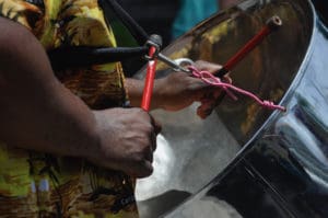 A steel pan drummer marches. (David Knight photo)