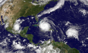 This NOAA satellite photo from September 2017 shows Hurricane Irma, over the Turks and Caicos, with Hurricane Jose to the right. Jose missed the islands, but was followed by Maria, which was a destructive Cat 5. Tropical Storm Katia is far left, in the Gulf of Mexico.