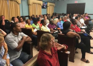 The crowd packs the St. John Legislature Annex for Sen. Smith’s town hall on Caneel Bay Resort.