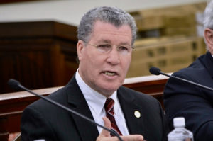 Chief Justice Rhys Hodge testifies Wednesday before the Senate Finance Committee on the court system's proposed budget. (V.I. Legislature photo)