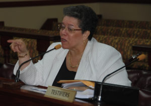 Casino Control Commission Chair Violet Ann Golden testifies before the Legislature in 2015. (Photo by Barry Leerdam, the V.I. Legislature)
