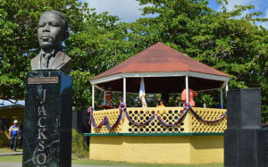 The bust of D. Hamilton Jackson and the gazebo at the Grove Place park were decked out for Bull and Bread Day in 2014, and will be again Thursday. (File photo)
