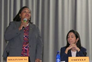 Gubernatorial candidate Sen. Janette Millin Young talks about the need for more transparency in government as candidate Soraya Diase Coffelt waits her turn.