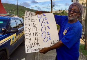 A WAPA employee's placard at a protest two weeks ago shows the zero percent raises he and his fellow workers have gotten in the last six years. (File photo)