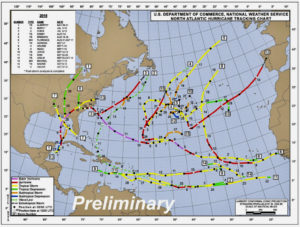 Colorado State University's Tropical Meteorology Project prepared this chart showing Atlantic basin tropical cyclone tracks in 2018. Date from the National Weather Service.