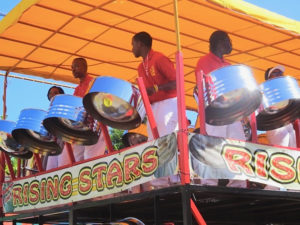 The Rising Stars Youth Steel Orchestra, a fixture in V.I. festivities, keeps the parade rocking. (Anne Salafia photo)