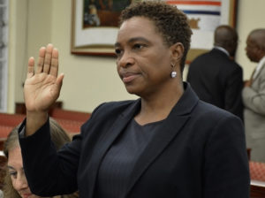 Carol Thomas-Jacobs, the acting attorney general, testifies at Wednesday's hearing. (Photo by Barry Leerdam, Legislature of the Virgin Islands.)