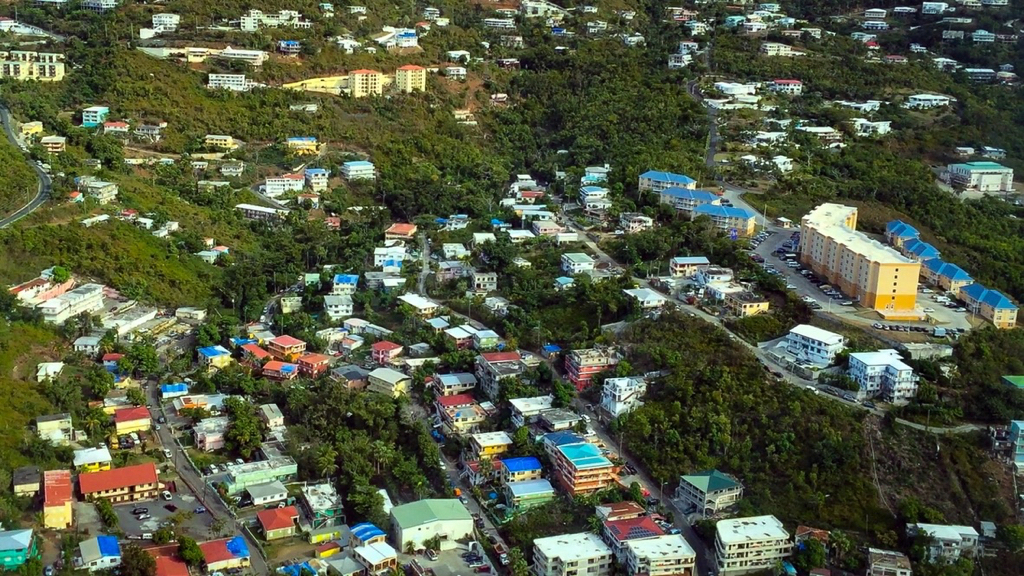 Aerial photo shows plenty of 'blue roofs' dotting St. Thomas.