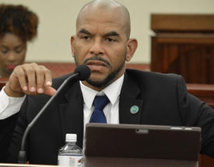 Nelson Petty Jr., commissioner nominee of the Department of Public Works, testifies Monday at the Senate. (Photo by Barry Leerdam for the V.I. Legislature)