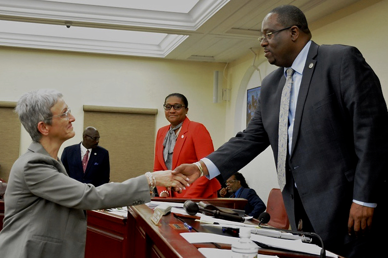 Jessica Gallivan is congratulated by Senate President Kenneth Gittens after lawmakers approved her nomination to the Superior Court bench. (Photo by Barry Leerdam, Legislature of the Virgin Islands)